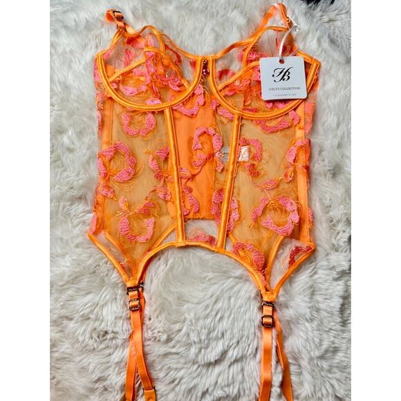 Honey Birdette SOLIS🧡 Bright Orange & Pink Floral Embroidered Bustier 32DDD - Picture 2 of 4